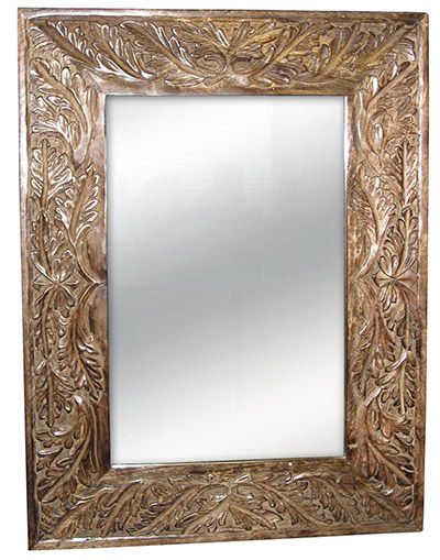 Mango Wood Leaf Design Carved Mirror